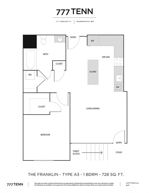Floor plan for 1 bed, 1 bath, 728 sqft